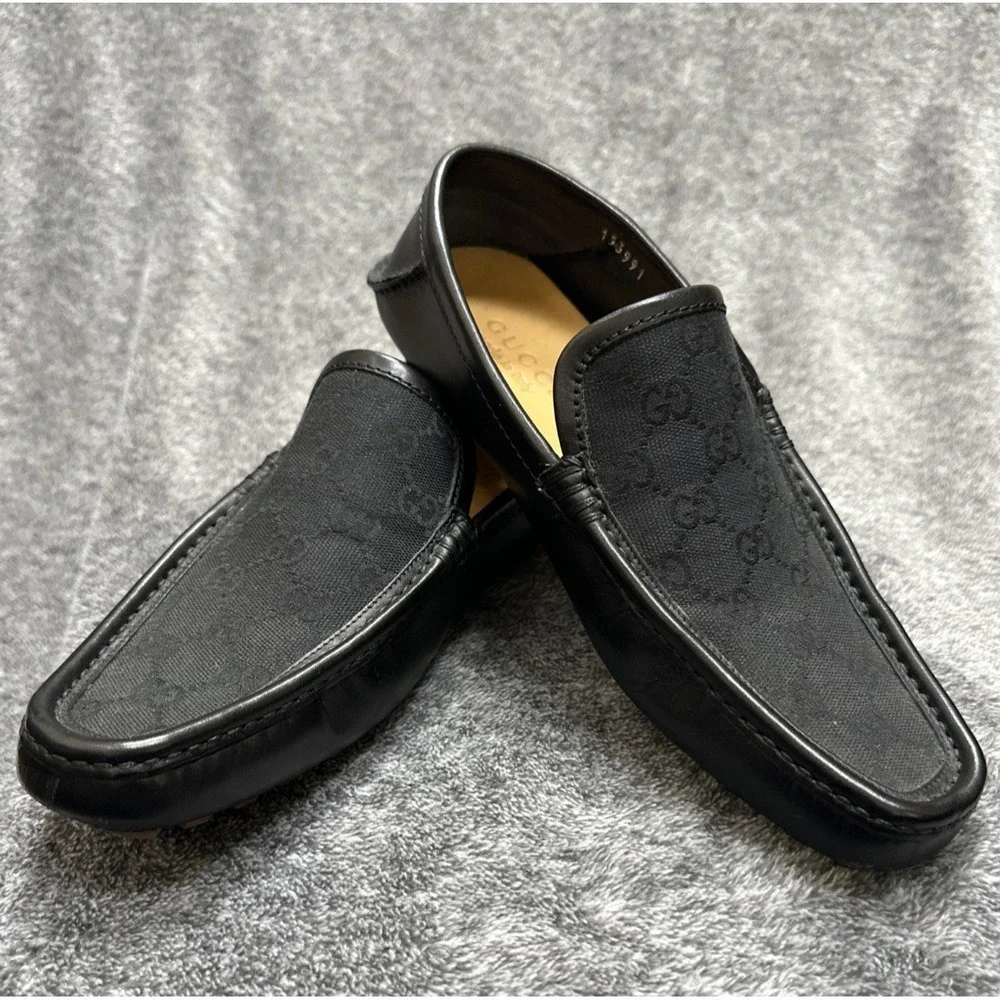 Gucci Mens Black GG Canvas Leather Loafers Drivers Shoes Size 6.5‎ D Made Italy